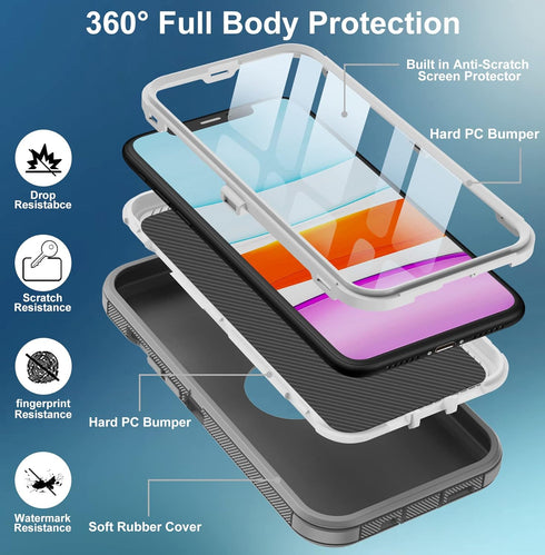 iPhone 11 Case with Built-in Screen Protector, Heavy Duty Drop Protection, Rugged Shockproof Dust Proof Cover