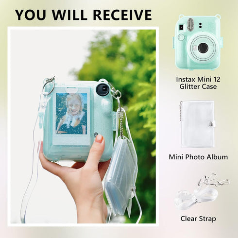 Rieibi Clear Case for Fuji Instax Mini 12, Glitter Case Bag with Back Pocket, Strap, and Photo Album