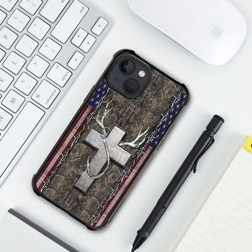 DJSOK Shockproof Case for iPhone 15 Plus, American Flag Antlers Design with Soft TPU Bumper and Hard PC Back