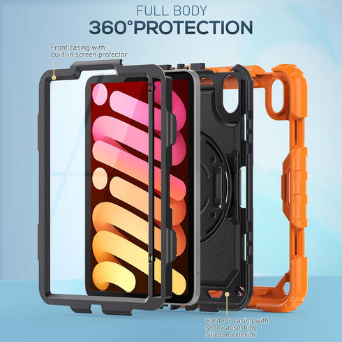 SEYMAC Full-Body Shockproof Protective Case for iPad Mini 6 8.3 Inch, Orange with Screen Protector, 360° Rotating