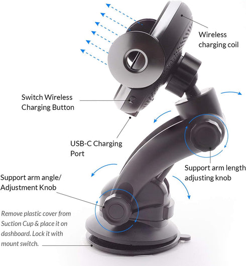 Wireless Car Charger with 15W Fast Charging, Smart Sensor Cradle, Auto-Clamping Mount for iPhone 14, Samsung S23/S22/S21
