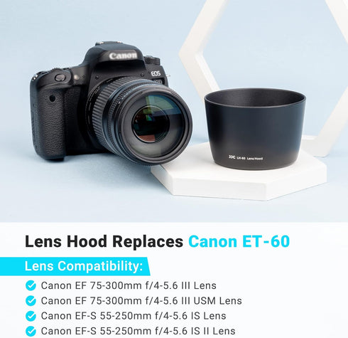 JJC Camera Lens Hood Shade Fits for Canon EF 75-300mm f/4-5.6 III USM & Canon EF-S 55-250mm f/4-5.6 IS II Lens Replaces Canon ET-60 Hood Reverse Attaching -Black