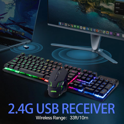 CHONCHOW 2.4G Wireless Keyboard and Mouse Combo - Rechargeable USB Rainbow LED Backlit Wireless Gaming