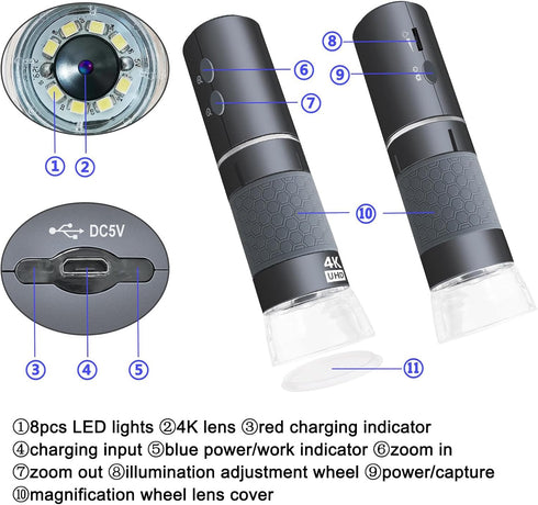 WiFi USB Digital Handheld Microscope, 50 to 1000x Wireless Magnification, 4K Camera with Metal Stand for iPhone Android