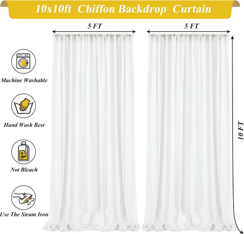 Shillance 10x10ft Cream White Chiffon Backdrop Curtain with Lights String for Wedding Sheer Tulle Curtain Photo