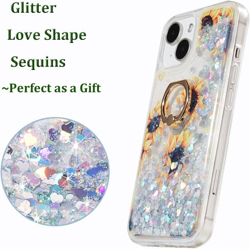 Glitter Case with Ring Holder for iPhone 15, Clear Kickstand Soft TPU Bling Girly Liquid Holiday