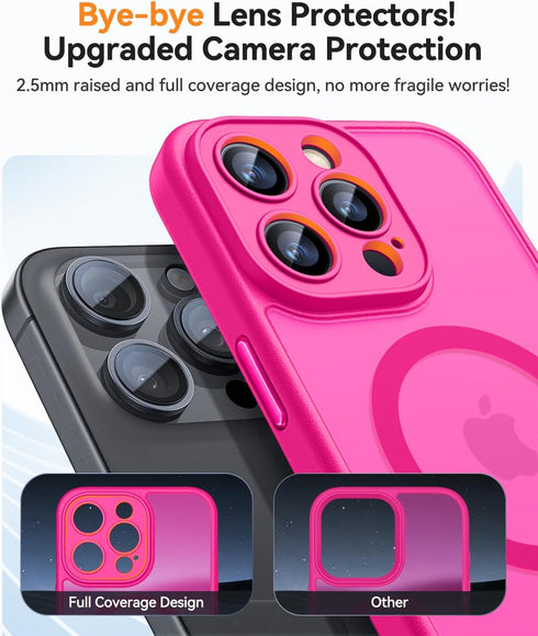 CANSHN iPhone 15 Pro Max Case - Shockproof, Translucent Matte, Full Camera Protection, MagSafe Compatible - Hot Pink