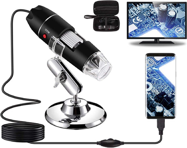 USB Digital Microscope 40X to 1000X, 8 LED Magnification Endoscope Camera with Carrying Case & Metal Stand
