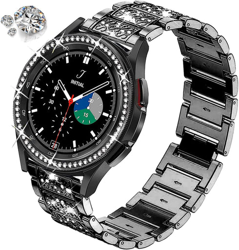 Bands for Samsung Galaxy Watch 4 Classic (46mm), 20mm Luxury Rhinestone Metal Bracelet with Bezel Ring