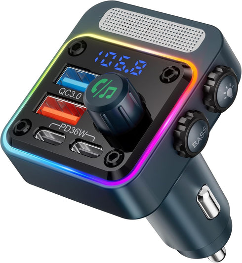 Nulaxy 54W Bluetooth 5.3 Car Adapter with 4 Charging Ports, Wireless FM Transmitter with Deep Bass Player & LED Backlit