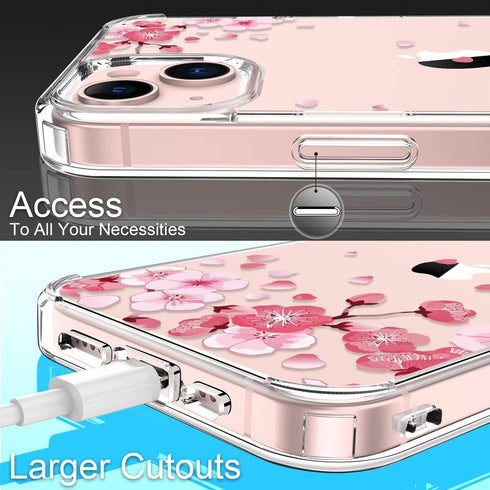 GiiKa iPhone 13 Case with Screen Protector, Clear Floral Shockproof Hard Case with TPU Bumper, Pink Floral
