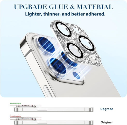 Goton Camera Lens Protector for iPhone 15 Pro Max & 15 Pro - Bling Glitter Diamond Metal, Tempered Glass, Silver.