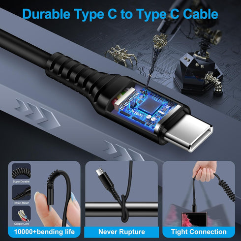 Android Auto USB C to USB C Cable 3FT Fast Charging Coiled Charger Cord for Samsung Galaxy S24 Ultra, iPhone 15, Pixel