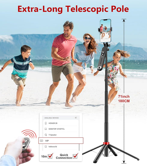 Huryfox 71 inch Selfie Stick Phone Tripod - Tall Cell Phone Holder with Detachable Wireless Remote, Phone Stand
