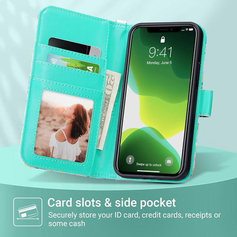 ULAK Compatible with iPhone 12/12 Pro Wallet Case, RFID Blocking PU Leather with Card Holder, Kickstand, Mint Flower