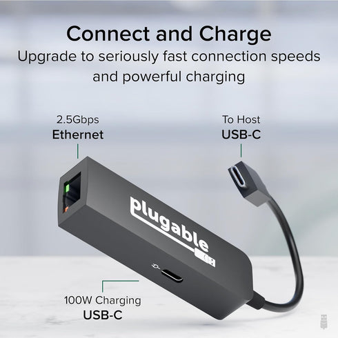 Plugable USB C to Ethernet Adapter, 2.5Gb with 100W USB-C PD Charging, Type C USB Ethernet Adapter for Windows, MacBook