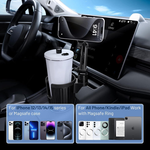 This Hill Magnetic Car Cup Holder Phone Mount, Adjustable Height for iPhone 15/14/13/12 Series MagSafe Case & All Phones