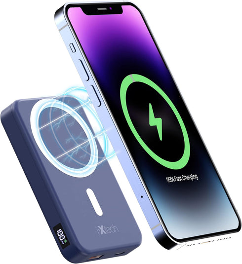 IXTECH Portable Power Bank 10,000mAh, Magnetic Phone Charger with Mag-Safe Compatibility, 15W Fast Wireless Charging,