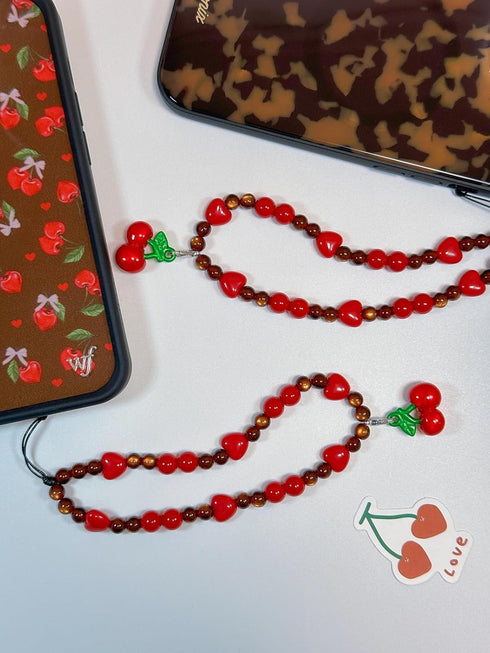 Drawwind Phone Charm Strap, Handmade Beaded Phone Lanyard Wrist Strap for Women Girls (Sweet Cherries)