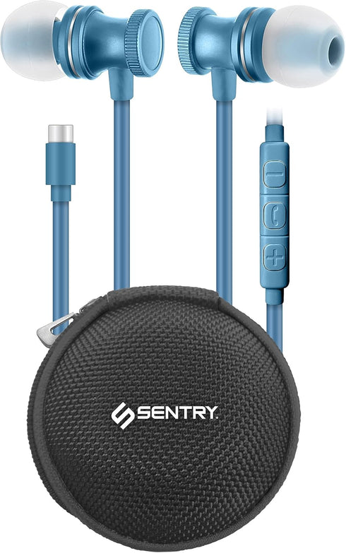 Sentry OSE450 Blue Headphones in-Ear Earbuds with Wired USB-C Connection, Inline Volume Controller & Microphone, Noise Isolation