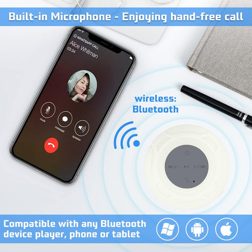Waterproof Bluetooth Shower Speaker, Portable Wireless Water-Resistant Speaker with Built-in Mic, Suction Cup for