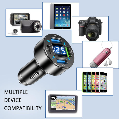 Fast Car Charger, 4 Ports Cigarette Lighter USB Charger with LED Voltmeter, PD3.1/Super Port Car Charger Adapter for