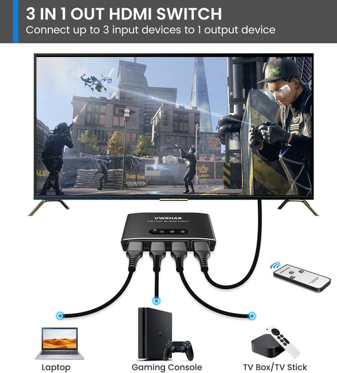 VWRHar 3 1 4K 4K 3D 1080P HDCP2.2 PS5 PS4 HDMI Switch in Out UHD HDMI Switcher Splitter, Automatic Switch with Remote