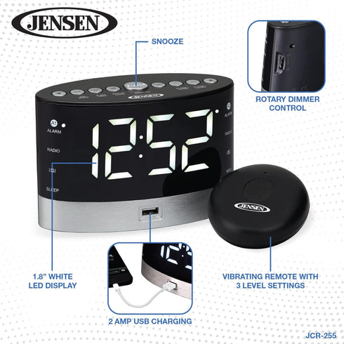 JENSEN JCR-255 .6-Watt AM/FM Dual-Alarm Digital Clock Radio with Under-Pillow Vibrator, Black