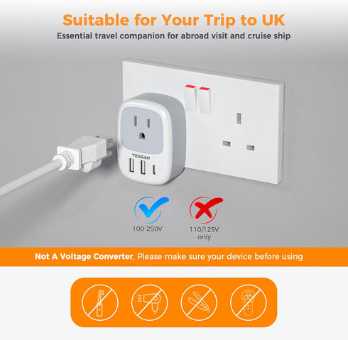 3 (1 UK Adapters for Travel, TESSAN US to UK Plug Adapter, Ireland Outlet Plug with USB Charger USB C Port), Type G