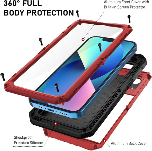 Beasyjoy Metal Phone Case for iPhone 13 Waterproof, Built-in Screen Protector, Heavy Duty Full Body Protective Military