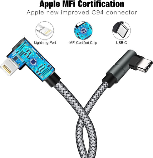 10FT MFi Certified USB C to Lightning Cable - 90 Degree Fast Charger for iPhone 13/12/11/XS/XR/8 & iPad 8th, Nylon