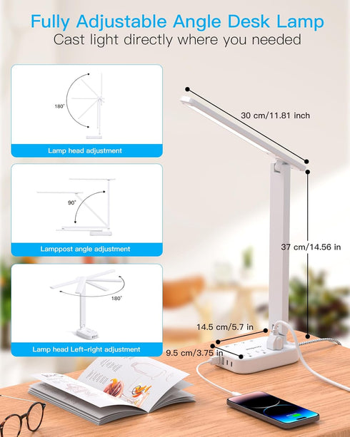 Power Strip with LED Desk Lamp, 3 Outlets and 4 USB Ports, 5 Level Touch Lamp for Home Office and Study Reading Light.
