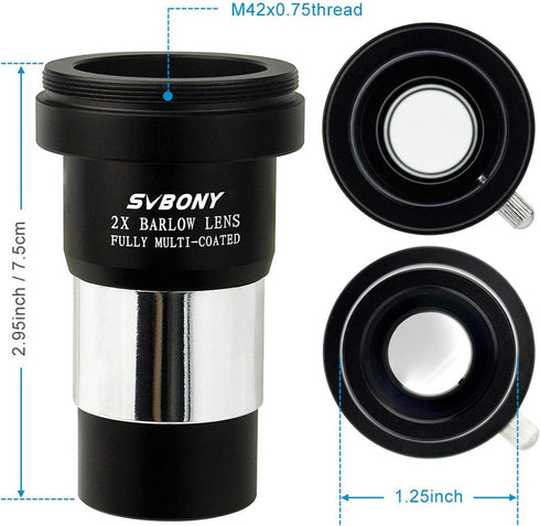 SVBONY 2X Barlow Lens, 1.25 inch with Multi Coated Broadband Green Film, Telescope Accessories with M42 Thread
