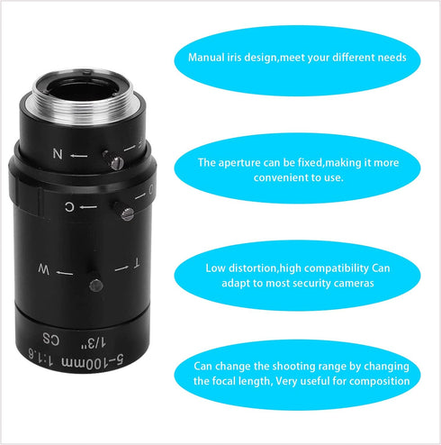 Zoom Camera Lens, 1.3MP Zoom CCTV Lens CS Mount Manual Aperture 5-100mm Aluminum Alloy Low Distortion High