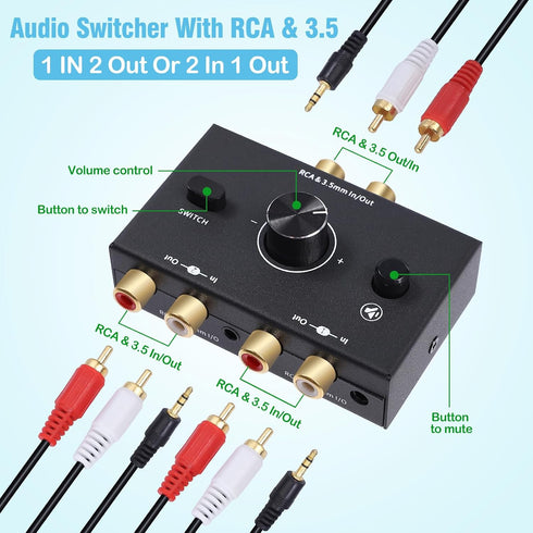 ATNEDCVH 3.5mm 1 2 2 1 2-Way RCA Port in Out / in Out Bi-Directional Audio Switcher, Stereo L/R Sound Channel Speaker