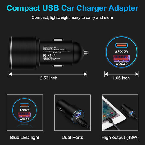 48W USB C Car Charger, All Metal, Fast Charge Adapter for iPhone 15 14 13 12 11 Pro Max SE XR X, Samsung S24 S23 S22