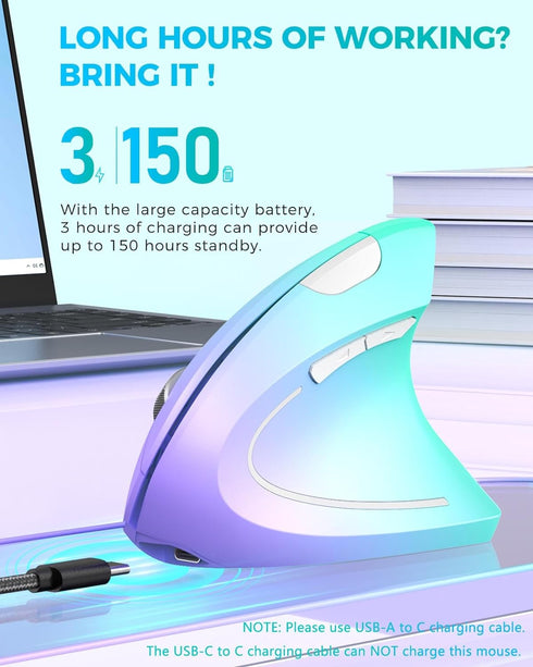 Lekvey Ergonomic Vertical Wireless Mouse, Rechargeable 2.4 GHz Optical Carpal Tunnel Mouse, 800/1200/1600 DPI, Green