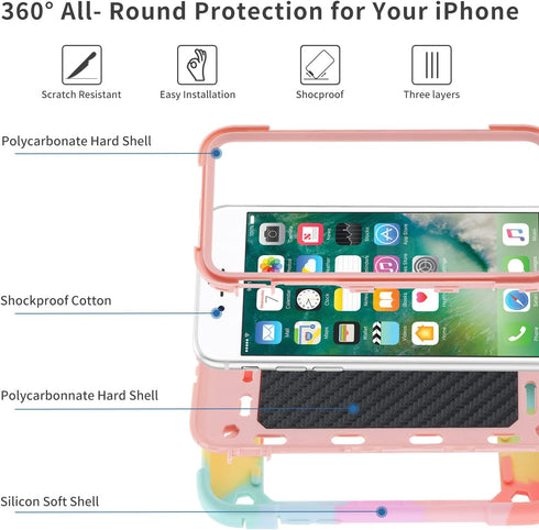 MARKILL Heavy-Duty Military Grade Shockproof Case for iPhone SE3/SE2, 6/6S, 7/8 (4.7") - Rainbow Pink with Ring Stand.