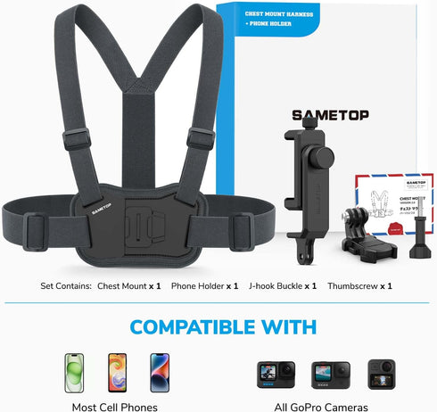 Sametop Phone Chest Mount Harness Holder, Mobile Phone Strap Clip Compatible with iPhone, Samsung, GoPro, and Most Cell