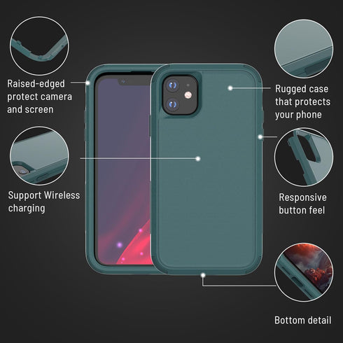 iPhone 11 Case with Screen Protector, Heavy Duty 3-Layer Shockproof Protection, Military Grade, Dark Green, 6.1"