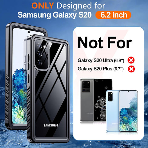 Hualele Galaxy S20 Case, Waterproof with Built-in Lens & Screen Protector, Rugged Heavy Duty Shockproof IP68 Case Black