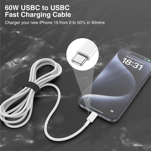 Nylon Braided USB C to USB C Cable for iPhone 15/15 Plus/15 Pro Max/Samsung Galaxy S24 S23 S22, 6FT+10FT 60W Type C