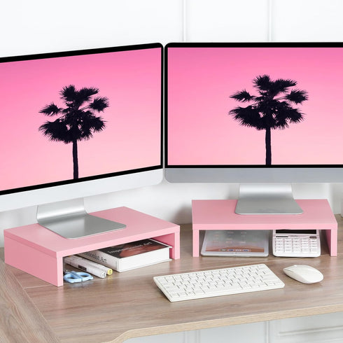 TEAMIX Pink Monitor Stand Riser - 2 Pack Wood 2 Tier Adjustable Stand for Dual Monitors, Laptop, PC