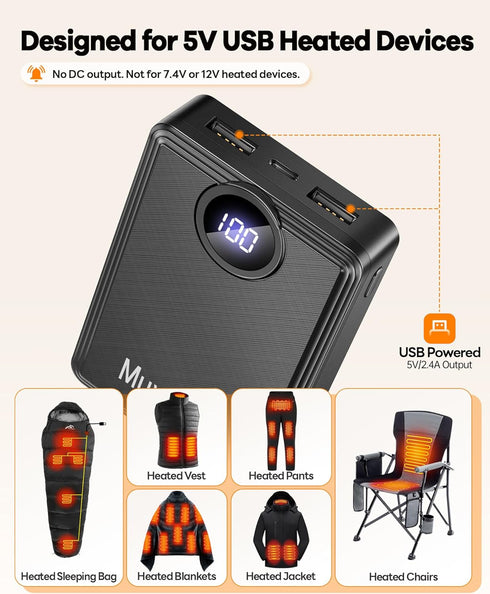 Muvenes Pack, 12000mAh 5V/2A 7.4V Heated Vest Battery Portable Power Charger Power Bank with LED Display, Compatible