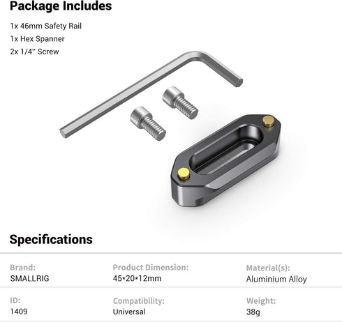 SMALLRIG 4cm Quick Release Safety Rail with 1/4'' Screws - 1.57 Inches Long - Model 1409