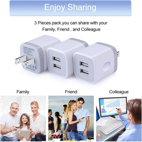 USB Wall Charger 3Pack, 2.1A Dual Port Charging Adapter, Compatible with iPhone 16 15 14 13 12 11 Pro Max, Samsung