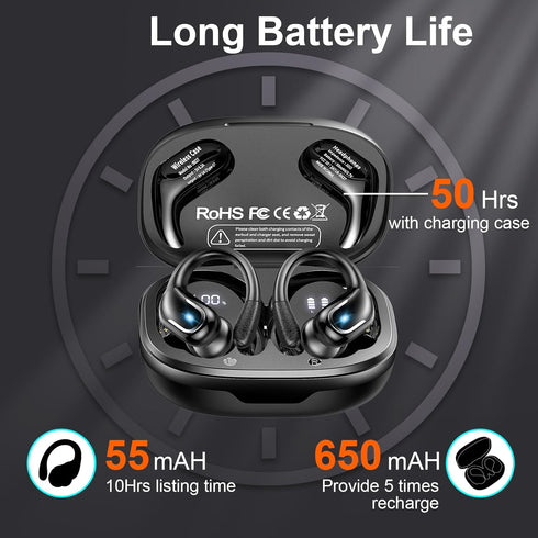 Ltinist Wireless Earbud, Bluetooth 5.3 Headphones with Earhooks, 75H Battery, IP7 Waterproof, Built-in Microphone for