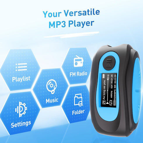 AGPTEK IPX8 Mp3 Swimming Waterproof Player with Screen, Multi-Functional Clip Music Player with Waterproof Headphones