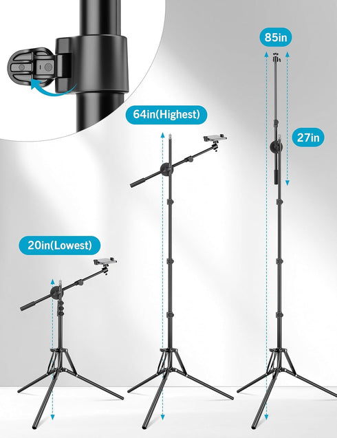 Nineigh 64" 25" 360 Overhead Tripod for iPhone, Phone Tripod Stand with Long Extendable Arm & Remote, Rotating Overhead