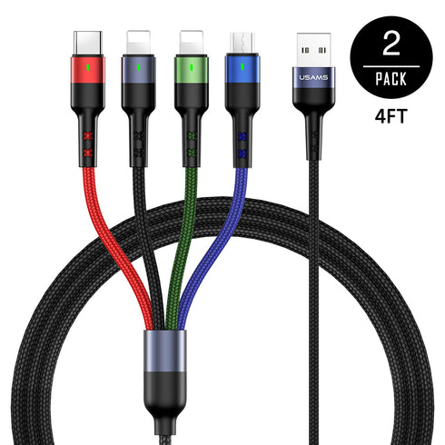 USAMS 2Pack Multi Charging Cable 4FT 4 in 1 Nylon Braided USB Fast Charging for Type C, Micro, and more devices.
